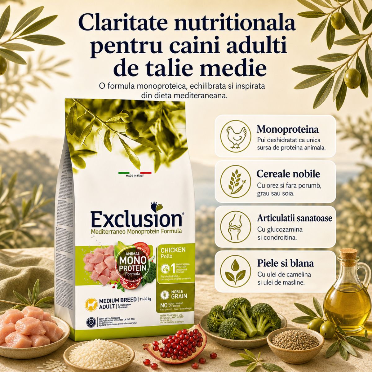 EXCLUSION Mediterraneo Monoprotein Formula Medium Breed, M, Pui, hrană uscată monoproteică câini, 12kg - imagine 3